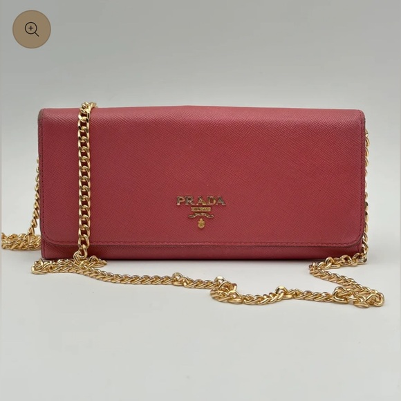 Prada Pink Saffiano Long Wallet with Generic Gold Crossbody Chain - Picture 1 of 16